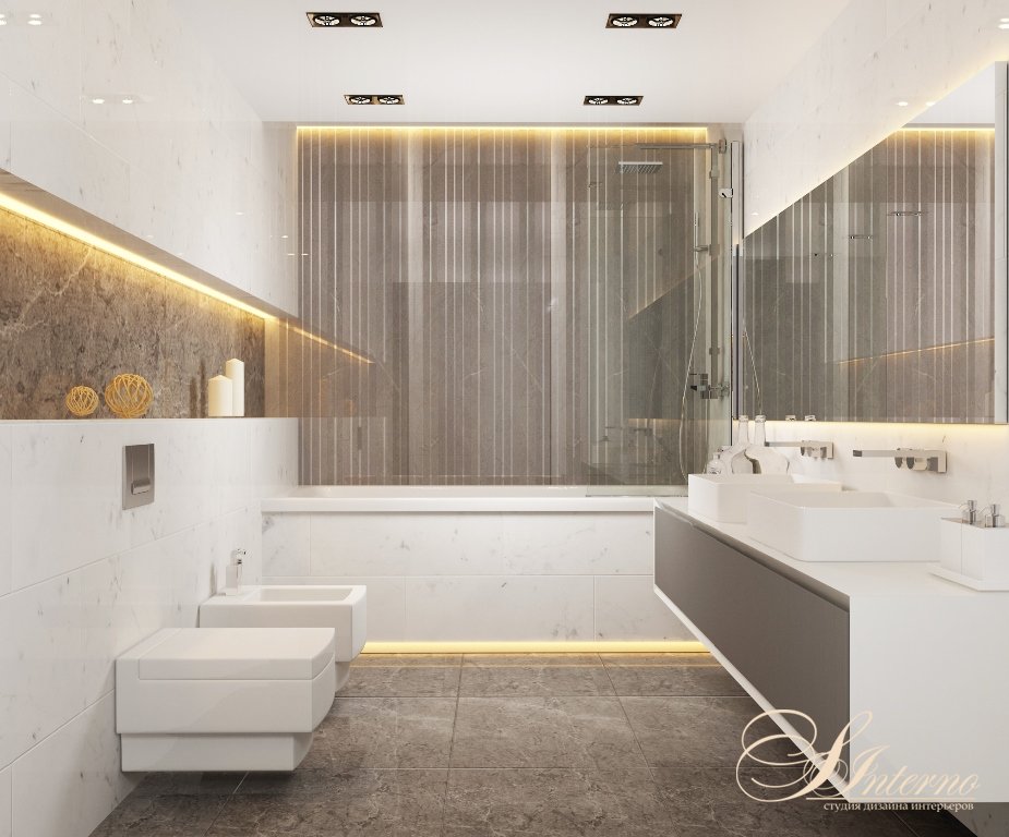 Современный интерьер ванной комнаты в элитной двухуровневой квартире Art Residence